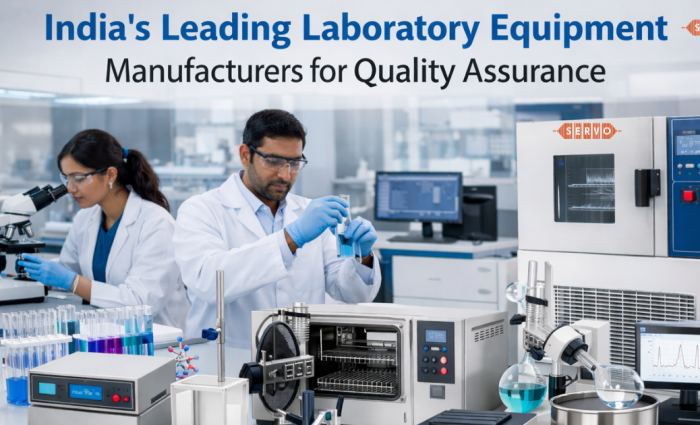 High-quality laboratory equipment setup including autoclave, analytical instruments, and testing devices manufactured by Servo Enterprises in India