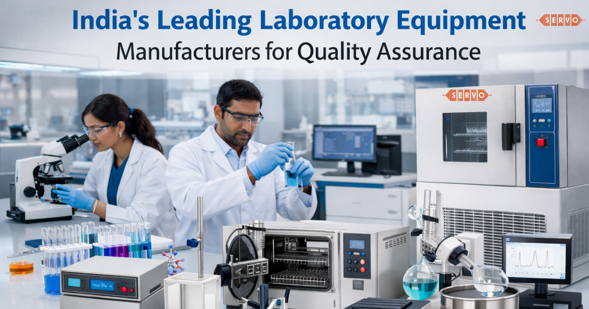High-quality laboratory equipment setup including autoclave, analytical instruments, and testing devices manufactured by Servo Enterprises in India
