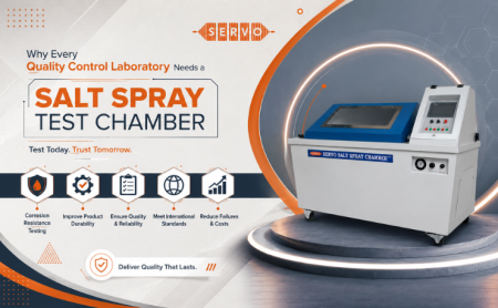 Servo Enterprises salt spray test chamber used in a quality control laboratory for ASTM B117 and ISO 9227 corrosion resistance testing of industrial metal components.