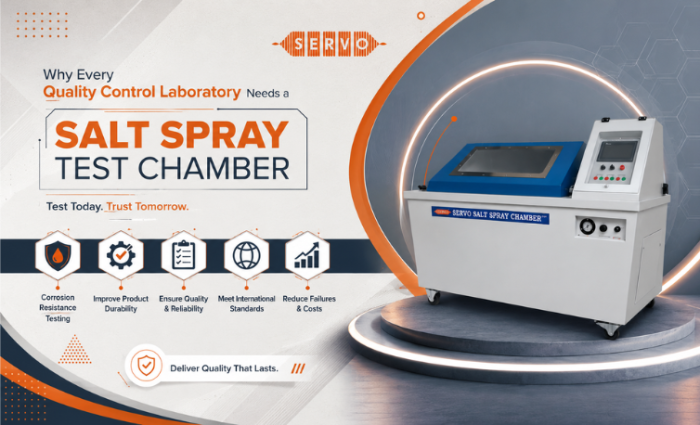 Servo Enterprises salt spray test chamber used in a quality control laboratory for ASTM B117 and ISO 9227 corrosion resistance testing of industrial metal components.